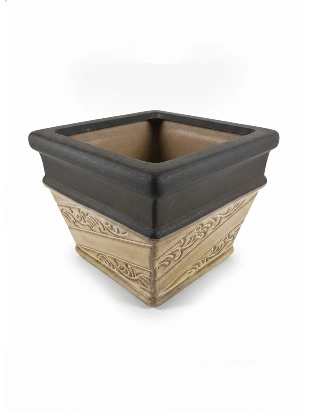 Vintage Square Ceramic Planter Black Tan Scroll Relief Small Flower Pot